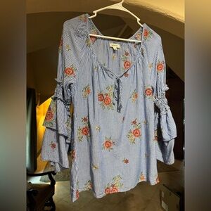 Max Studio Blue Striped Floral Blouse